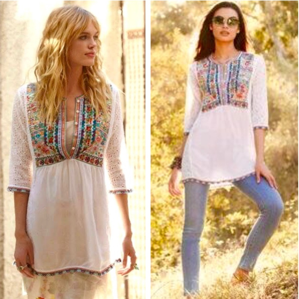 JOHNNY WAS Embroidered & Eyelet Boho Tunic Top Blouse Size S 100% Cupro Rayon
